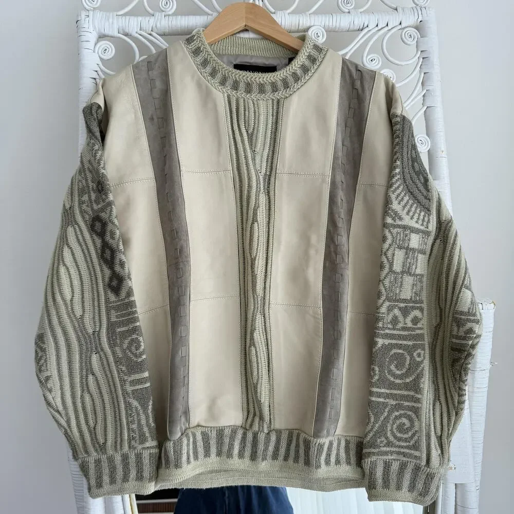 Vintage Saxony Collection Sweater Mens Medium Leather 3D Patchwork Cosby Hip Hop